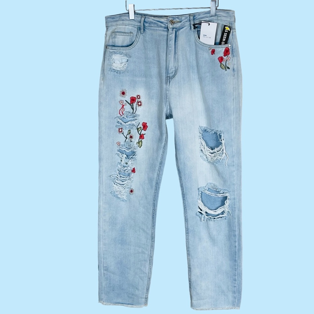 Forever 21 Los Angelos High Rise Straight Leg Embroidered Ripped Jeans Size 12